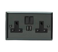 Varilight Double Switched Plug Socket With Usb Charging - Classic Iridium With Black Insert, Xi5U2Sb