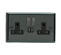 Varilight Double Switched Plug Socket With Usb Charging - Classic Iridium With Iridium/black Insert, Xi5U2Sdb