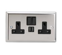 Varilight XC5U2SB 13A Socket 2G With USB Black Mirror Chrome
