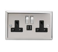 Varilight Double Switched Plug Socket With Usb Charging - Classic Mirror Chrome With Chrome/black Insert, Xc5U2Sdb
