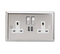 Varilight Double Switched Plug Socket With Usb Charging - Classic Mirror Chrome With Chrome/white Insert, Xc5U2Sdw