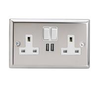 Varilight Double Switched Plug Socket With Usb Charging - Classic Mirror Chrome With White Insert, Xc5U2Sw