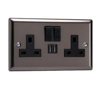 Varilight Double Switched Plug Socket With Usb Charging - Classic Pewter With Black Insert, Xr5U2Sb
