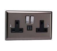 Varilight 2-Gang 13A Single Pole Switched Socket + 2x5V DC 2100mA USB Charging Ports Pewter