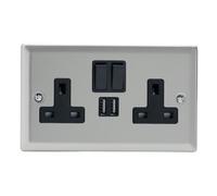 Varilight Double Switched Plug Socket With Usb Charging - Classic Satin With Black Insert, Xn5U2Sb