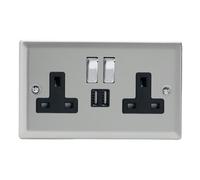 Varilight Double Switched Plug Socket With Usb Charging - Classic Satin With Chrome/black Insert, Xn5U2Sdb