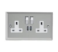 Varilight Double Switched Plug Socket With Usb Charging - Classic Satin With Chrome/white Insert, Xn5U2Sdw