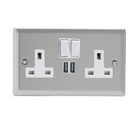Varilight Double Switched Plug Socket With Usb Charging - Classic Satin With White Insert, Xn5U2Sw