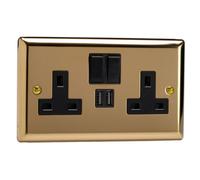 Varilight Double Switched Plug Socket With Usb Charging - Classic Victorian Brass With Black Insert, Xv5U2Sb