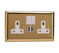 Varilight Double Switched Plug Socket With Usb Charging - Classic Victorian Brass With White Insert, Xv5U2Sw