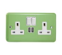 Varilight 2-Gang 13A Double Pole Switched Plug Socket + 2 5V DC 2100mA USB Charging Ports Beryl Green XY5U2SW.BG