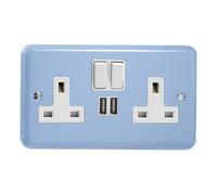 Varilight 2-Gang 13A Double Pole Switched Plug Socket + 2 5V DC 2100mA USB Charging Ports Duck Egg Blue XY5U2SW.DB