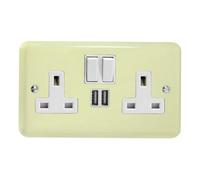 Varilight Double Switched Plug Socket With Usb Charging - Lily White Chocolate With White Insert, Xy5U2Sw.wc