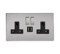 Varilight Double Switched Socket with USB Charging, Screwless Brushed Steel/Black Insert