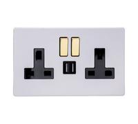 Varilight Double Switched Plug Socket With Usb Charging - Screwless Primed Ready To Paint With Brass/black Insert, Xdy5U2Svbs.pd