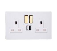 Varilight Double Switched Plug Socket With Usb Charging - Screwless Primed Ready To Paint With Brass/white Insert, Xdy5U2Svws.pd
