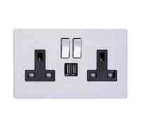 Varilight Double Switched Plug Socket With Usb Charging - Screwless Primed Ready To Paint With Chrome/black Insert, Xdy5U2Sbs.pd
