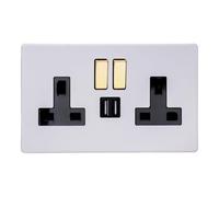 Varilight Double Switched Plug Socket With USB Charging - Screwless Primed With Brass/Black Insert, XDY5U2SVBS.PD