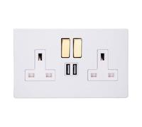 Varilight Double Switched Plug Socket With USB Charging - Screwless Primed With Brass/White Insert, XDY5U2SVWS.PD