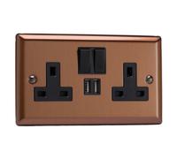 Varilight 2-Gang 13A Single Pole Switched Socket - 2x5V DC 2100mA USB - Brushed Bronze