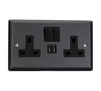 Varilight 2-Gang 13A Single Pole Switched Socket + 2x5V DC 2100mA USB Charging Ports Matt Black