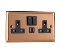 Varilight 2-Gang 13A Single Pole Switched Socket + 2x5V DC 2100mA USB Charging Ports Polished Copper