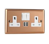 Varilight Double Switched Plug Socket With Usb Charging - Urban Polished Copper With White Insert, Xy5U2Sw.cu