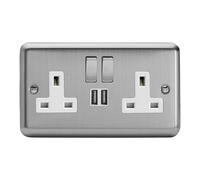 Varilight Double Switched Plug Socket With Usb Charging - Value Matt Chrome With Brushed Steel/white Insert, Xs5U2Sdw