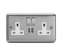 Varilight 2-Gang 13A Single Pole Switched Socket with Metal Rockers with 2x5V DC 2100mA USB Charging Ports - XS5U2SDW
