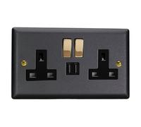 Varilight 2-Gang 13A Single Pole Switched Socket + 2x5V DC 2100mA USB Charging Ports Matt Black