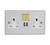 Varilight Double Switched Plug Socket With Usb Charging - Vogue Matt White With Polished Brass/white Insert, Xy5U2Svw.mw