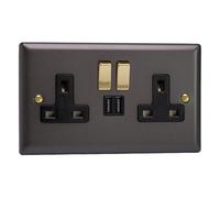 Varilight Double Switched Plug Socket With Usb Charging - Vogue Slate With Black Insert, Xy5U2Svb.sl