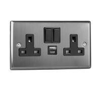 Varilight Classic Brushed Steel 2-Gang 13A Single Pole Switched Socket with 1x USB A & 1x USB C Charging Ports with Black Inserts