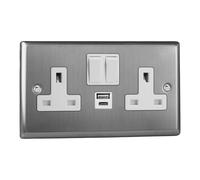 Varilight Classic Brushed Steel 2-Gang 13A Single Pole Switched Socket with 1x USB A & 1x USB C Charging Ports with White Inserts