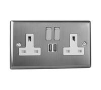 Varilight Double Switched Socket With USB Charging - Classic Brushed Steel With Brushed Steel/White Insert