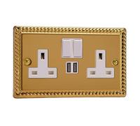 Varilight 2-Gang 13A Single Pole Switched Socket + 2x5V DC 2100mA USB Charging Ports Classic Georgian Brass with White Insert