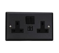 Varilight 2-Gang 13A Single Pole Switched Socket + 2x5V DC 2100mA USB Charging Ports Matt Black