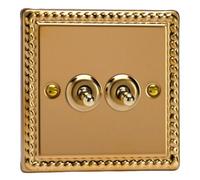 Varilight 2-Gang (10A Intermediate Switch + 10A 1- or 2-Way Switch) Classic Georgian Brass with Brass Toggle