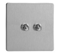 Varilight Double Toggle Light Switch 2-Way & Intermediate - Screwless Brushed Steel With Chrome Toggle, XDST71S