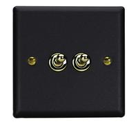 Varilight Double Toggle Light Switch 2-Way & Intermediate - Vogue Matt Black With Polished Brass Toggle, Xyt71V.mb