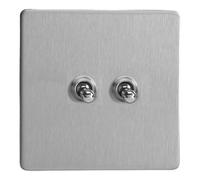 Varilight Double Toggle Light Switch 2-Way - Screwless Brushed Steel With Chrome Toggles, Xdst2S