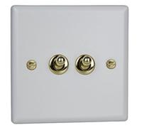 Varilight Double Toggle Light Switch 2-Way - Vogue Matt White With Polished Brass Toggles, Xyt2V.mw