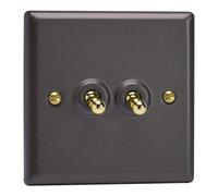 Varilight Double Toggle Light Switch 2-Way - Vogue Slate With Polished Brass Toggle, Xyt2V.sl