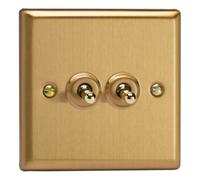Varilight Double Toggle Light Switch Intermediate - Classic Brushed Brass With Polished Brass Toggles, Xbt77