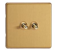 Varilight Double Toggle Light Switch Intermediate - Screwless Brushed Brass With Polished Brass Toggle, Xdbt77S
