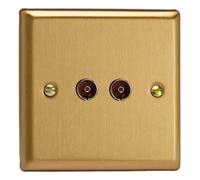 Varilight XB88 Double TV Socket, 2 x Co-Axial, Classic Brushed Brass, Plain Insert