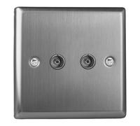 Varilight Double TV Socket Co-Axial - Classic Brushed Steel with Plain Insert, XT88