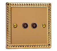Varilight Double TV Socket Co-Axial - Classic Georgian Brass With Plain Insert, XG88
