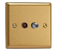Varilight Double Tv Socket Co-Axial With F-Type Satellite - Classic Brushed Brass With Plain Insert, Xb88S