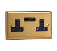 Varilight Double Unswitched Plug Socket With Usb Charging - Classic Brushed Brass With Black Insert, Xb5U2B